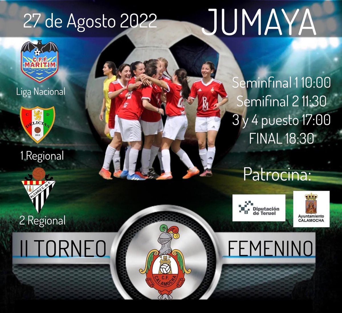 cfcalamocha's tweet photo. II TORNEO FEMENINO 

El sábado 27 se disputará en Jumaya nuestro torneo femenino con los equipos:

- @CFFMARITIM 
- @DeliciasCD 
- @AlcanizCF 
- @cfcalamocha 

…y después de la final…tardeo y verbena en el parking de la plaza de toros 🎉🎉

VIVE EL FÚTBOL FEMENINO EN JUMAYA🔴⚪️ https://t.co/X2tDzkS1QA