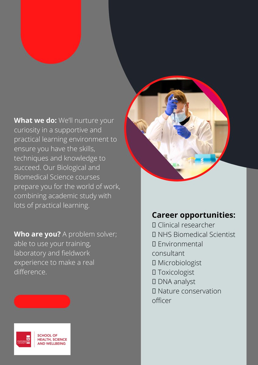 StaffsUniHSW's tweet image. You may be surprised to learn of the variety of careers a BSc (Hons) Biological or Biomedical Science degree can lead to, such as Environmental Consultant or DNA Analyst. To follow your passion and find out more about @SUBioscience courses click: orlo.uk/IOOdz