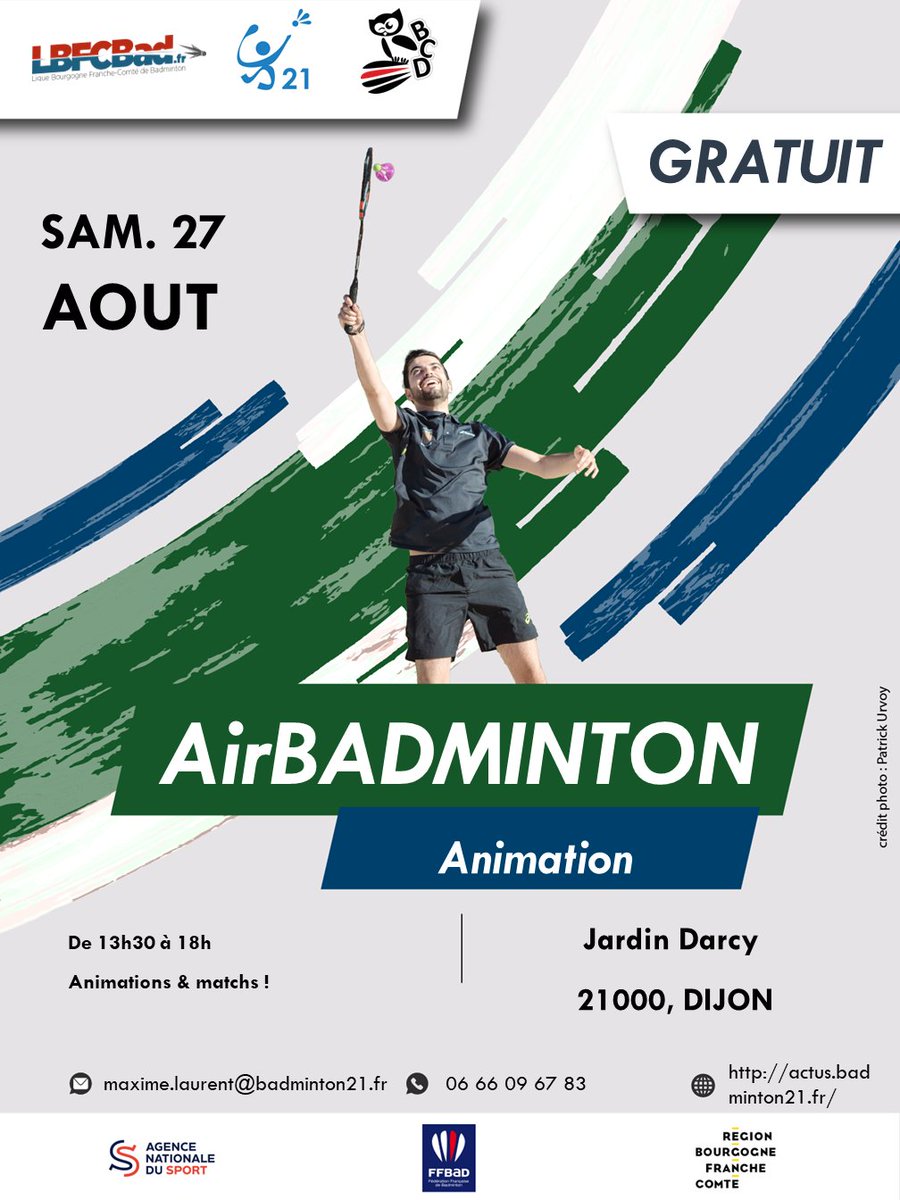Badminton21's tweet photo. 🏸𝑨𝒊𝒓 𝑩𝒂𝒅 𝑻𝒐𝒖𝒓 🏸

👉3ème et dernière étape de la promotion #AirBadminton en association avec le Badminton Club Dijonnais sur les Samedi Sports, organisés par @dijon 

📍Jardin Darcy 
⌚️13h30-18h
✅Ouvert à tous ! 

@FFBaD 
#fun #BADMINTON #sun https://t.co/owst2syq3q