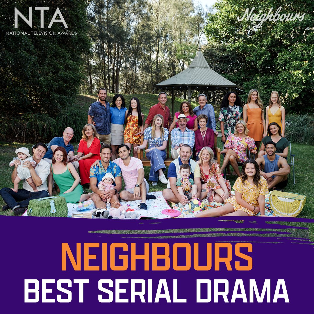 NeighboursTV's tweet photo. We're shortlisted for a National Television Award! 🎉

Head to the link below to vote for #Neighbours in the Serial Drama Category. Winners will be announced at the ceremony on September 15th! 🤩🙌

https://t.co/TgkZiBrcbI https://t.co/zyrn6tKidD