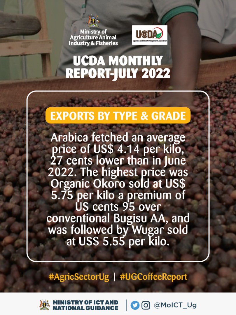 Kwagala6Esther's tweet photo. #UGCoffeeReport
Arabica exports increased by 21.24% and 69.70% in quantity and value respectively. #AgriSectorUg
@MAAIF_Uganda @FredBwino @MoICT_Ug @azawedde @MosesWatasa @CoffeeUganda @FrankTumwebazek https://t.co/p7pFGp80TD