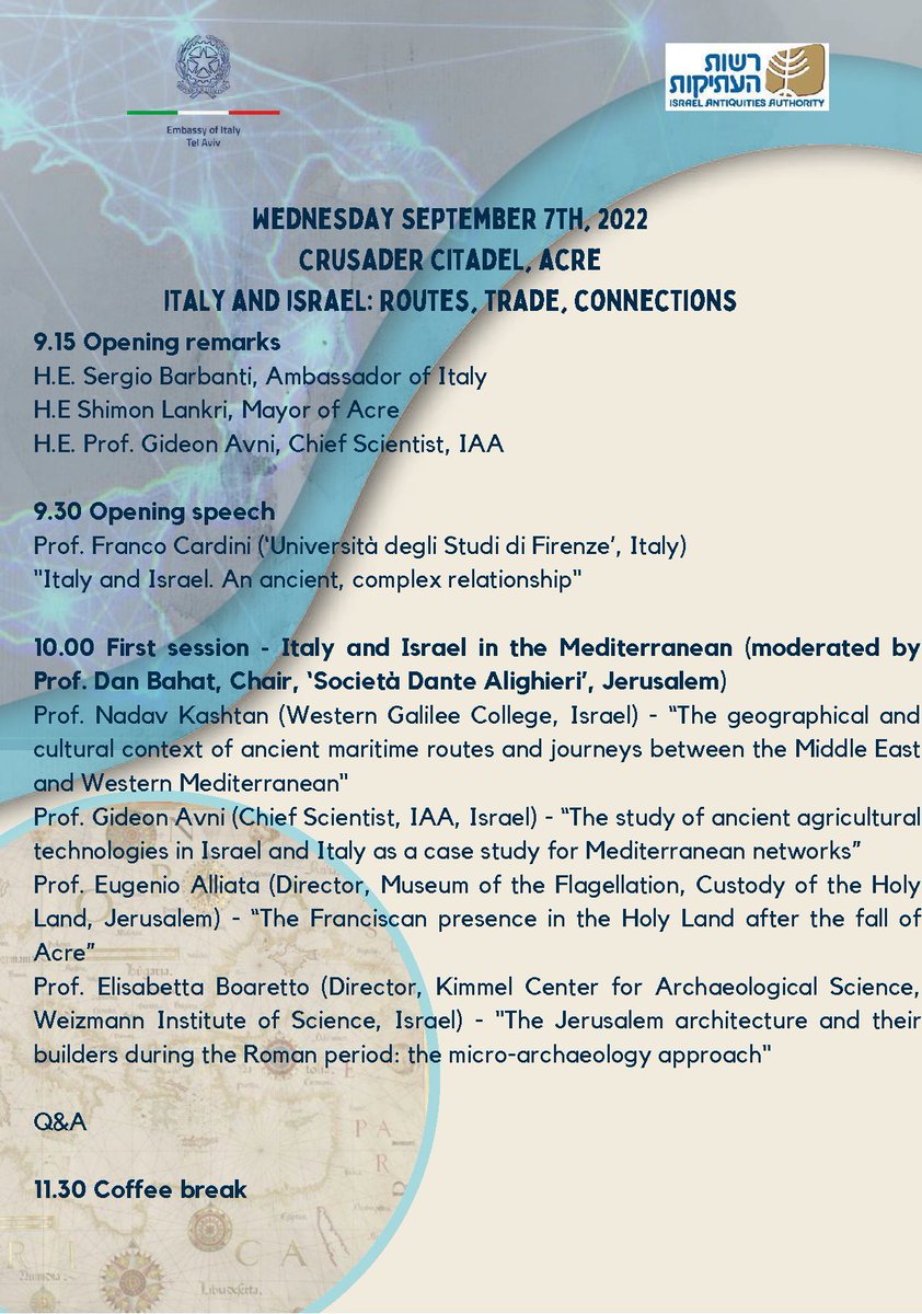 IsraelItaly's tweet photo. First Symposium of the Italian Archaeological Missions in Israel
Italy and IAA explore new opportunities for cooperation
TAU Sept 6/Acre Sept 7
Conference of the Heads of the Missions
#Speakers #Lemorini #Barkai #Luschi #Lewis #Benente #EEStern
https://t.co/DRVccM9pLa https://t.co/3Onao2PjHB