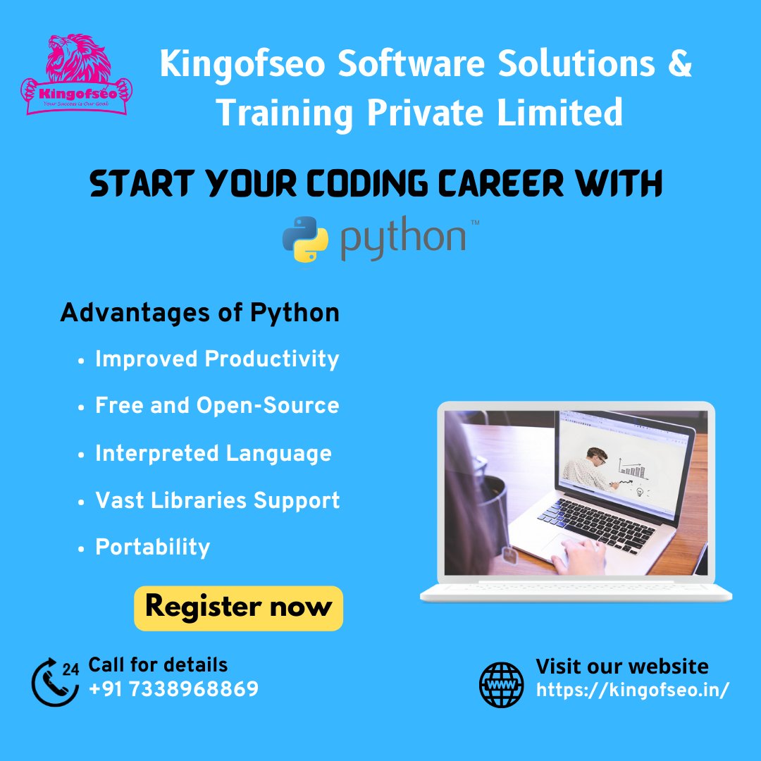 KingofseoIndia's tweet image. START YOUR CODING CAREER WITH PYTHON PROGRAMMING
GET STARTED NOW
Kingofseo Software Solutions & Training Private Limited
MORE INFORMATIONS :
CALL : +91 7338968869
VISIT OUR WEBSITE : kingofseo.in
#BestpythonTraininginchennai #Bestpythoncourseinchennai