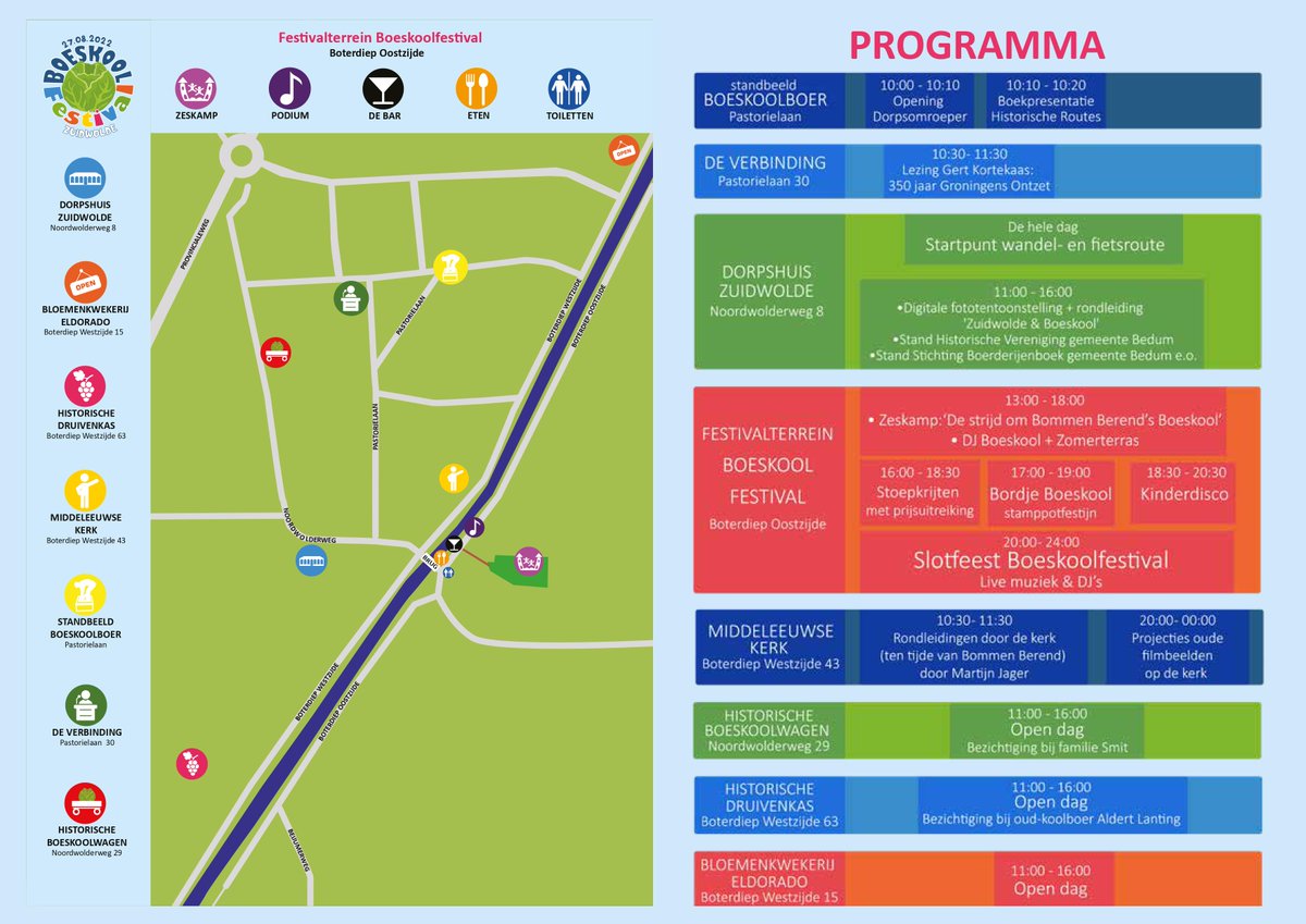 Zaterdag 27 aug. vieren we in Zuidwolde het Bommen Berend Boeskoolfestival! 🎉 Het festival staat in het teken van boeskool en 350 jaar Groningens Ontzet. Er is van alles te doen! Zo wordt het fiets- en wandelrouteboekje BOESKOOL gepresenteerd. Meer info: boeskoolfestival.nl.