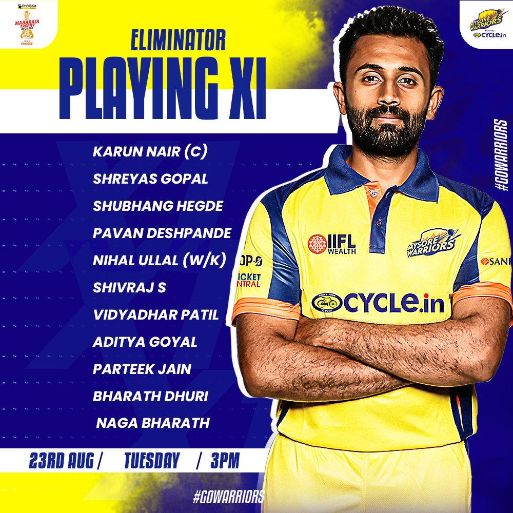 mysore_warriors's tweet photo. Here's the XI to play Hubli Tigers today - 

One change: Prateek Jain replaces Varun Rao 

#MysoreWarriors #GoWarriors #MaharajaTrophy #IlliGeddavareRaja #MWvHT https://t.co/JEdDeGrQ6D