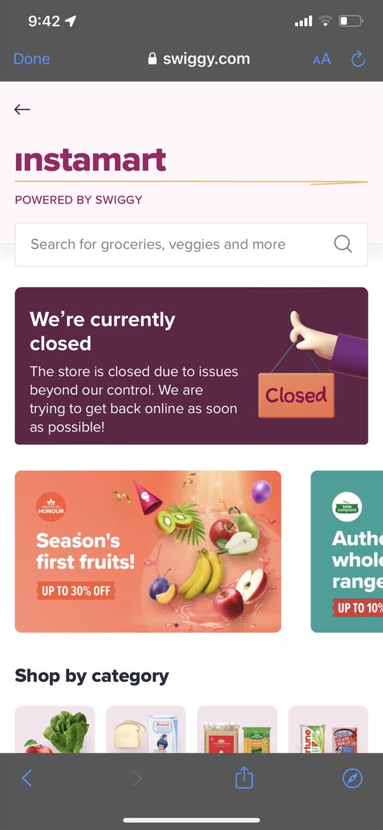 _sambhavjain's tweet photo. @Swiggy @SwiggyInstamart from past 4 days instamart is closed for purchasing. No positive reply via email from your side. Kindly resolve the issue. (Screenshot attached) #Swiggyinstamartdown #swiggy https://t.co/PgmtpzhLpA