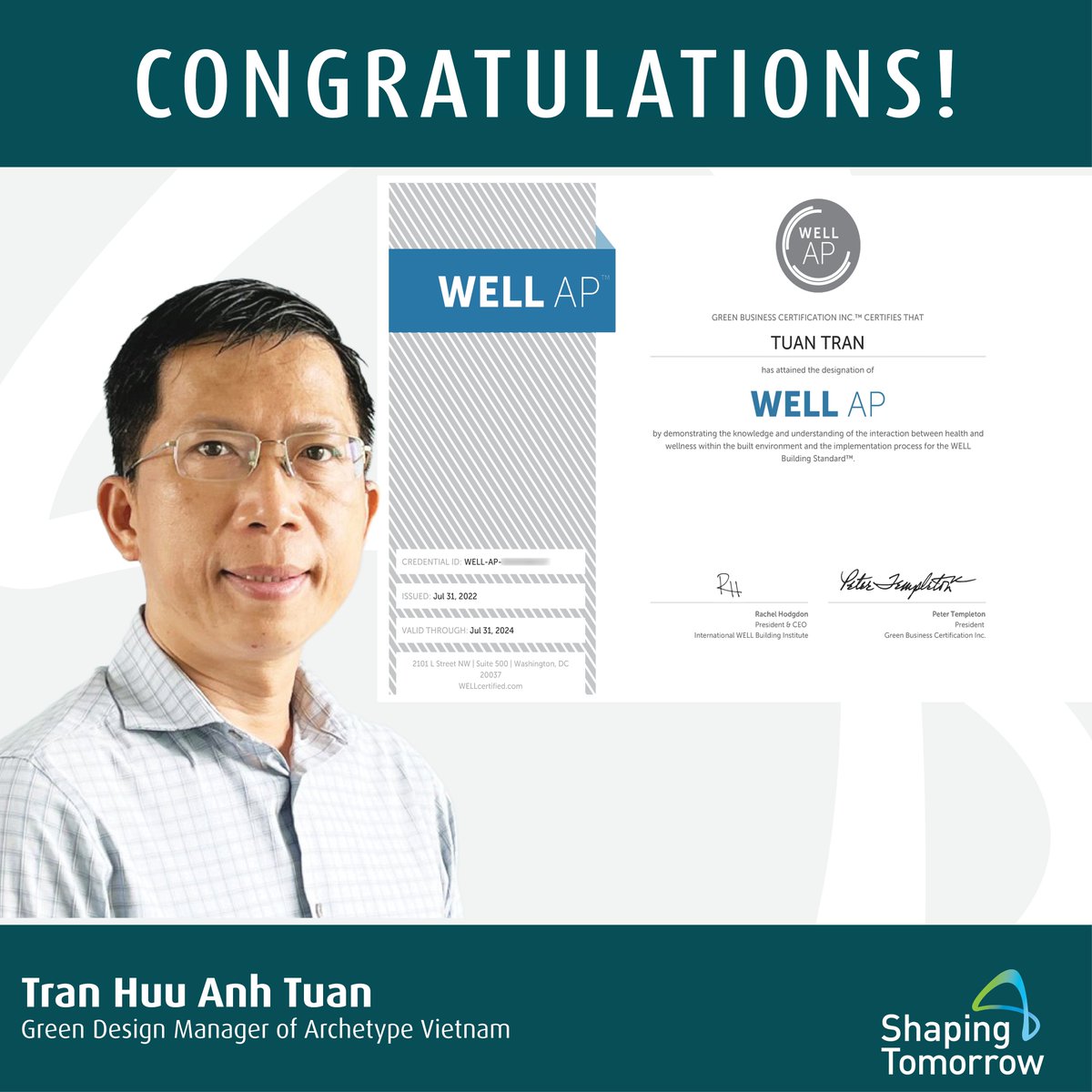 ArchetypeGroupe's tweet photo. We are proud to announce that our very own Mr. Tuan Tran, Green Design Manager of Archetype Vietnam, recently earned the WELL Accredited Professional (WELL APTM) credential (IWBITM).
Archetype Group commits to advancing human health and wellness in its buildings and communities. https://t.co/glj7wxygZL