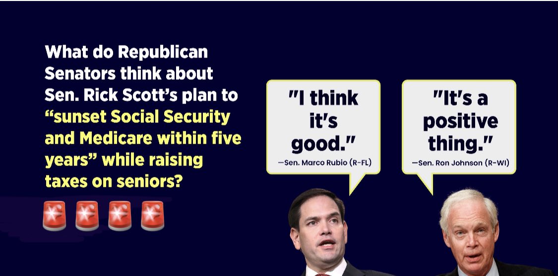 FriendEden100's tweet photo. 11 weeks before the Nov. election.

Rick Scott revealed if Republicans win — Social Security &amp; Medicare are 1st on the chopping block. Social Security would end in 5 years, &amp; Medicare would become block grants.

*Marco Rubio “I support ending Social Security. We can’t afford it.” https://t.co/UW2vkRpFIx