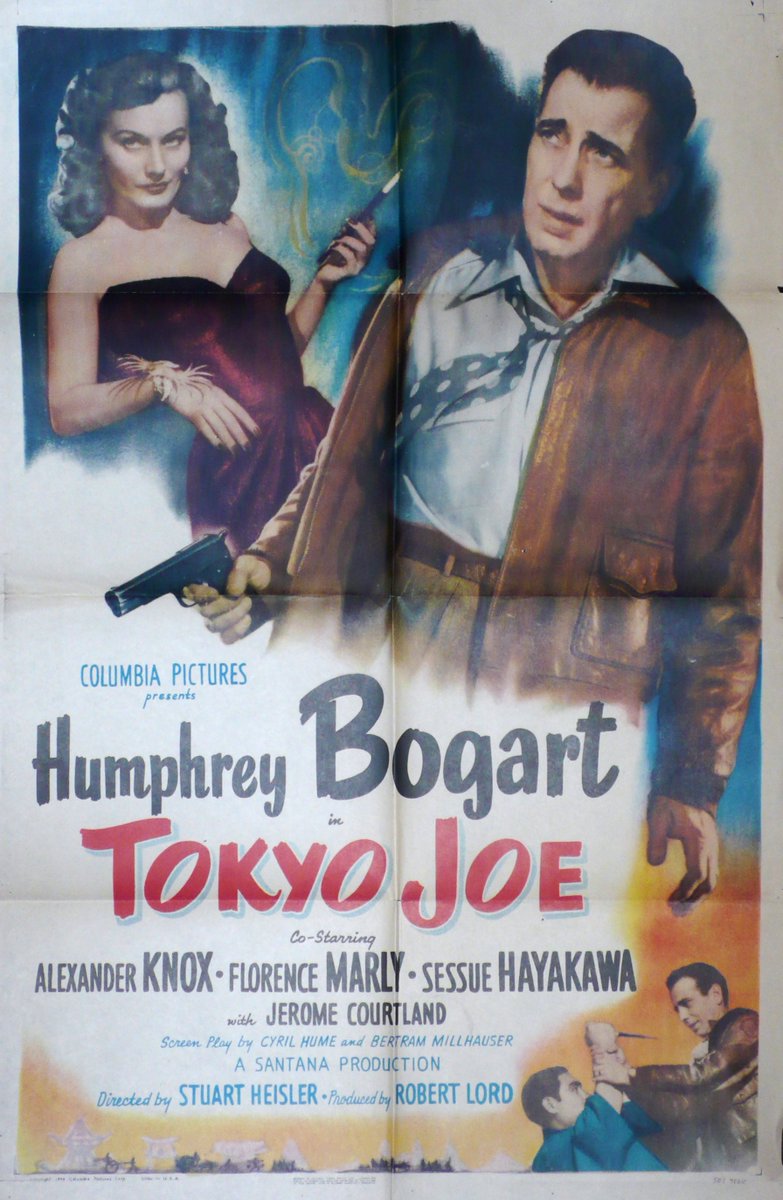 "TOKYO JOE", ORIGINAL MOVIE POSTER, USA, 1949, #humphreybogart
Florence Marly as the old flame.
The condition of this original poster is excellent, with just a little darkening and fold wear, and being cinema used, a few pin holes in the corners. c.27x41 inches