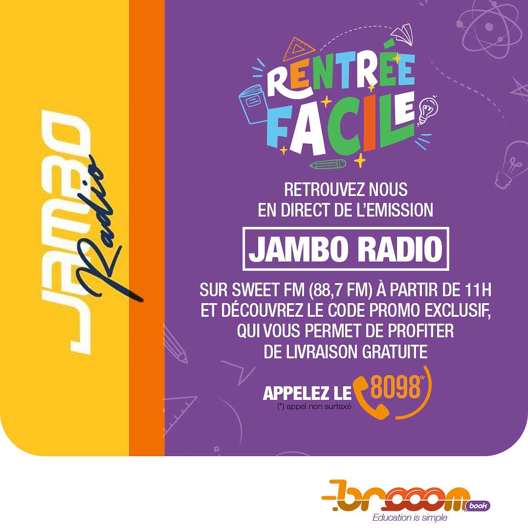 BrooomUniverse's tweet photo. RDV bientôt sur #Jambo, #Sweetfm et découvrez le code promo exclusif. Lorsque vous le découvrirez, appelez le #8098 pour en profiter. #RentréeFacile
#Brooom #LifeIsSimple #BrooomBook ##Brooom #LifeIsSimple #BrooomBook ##educationissimpleEducationIsSimple https://t.co/cxFAVXuFXy