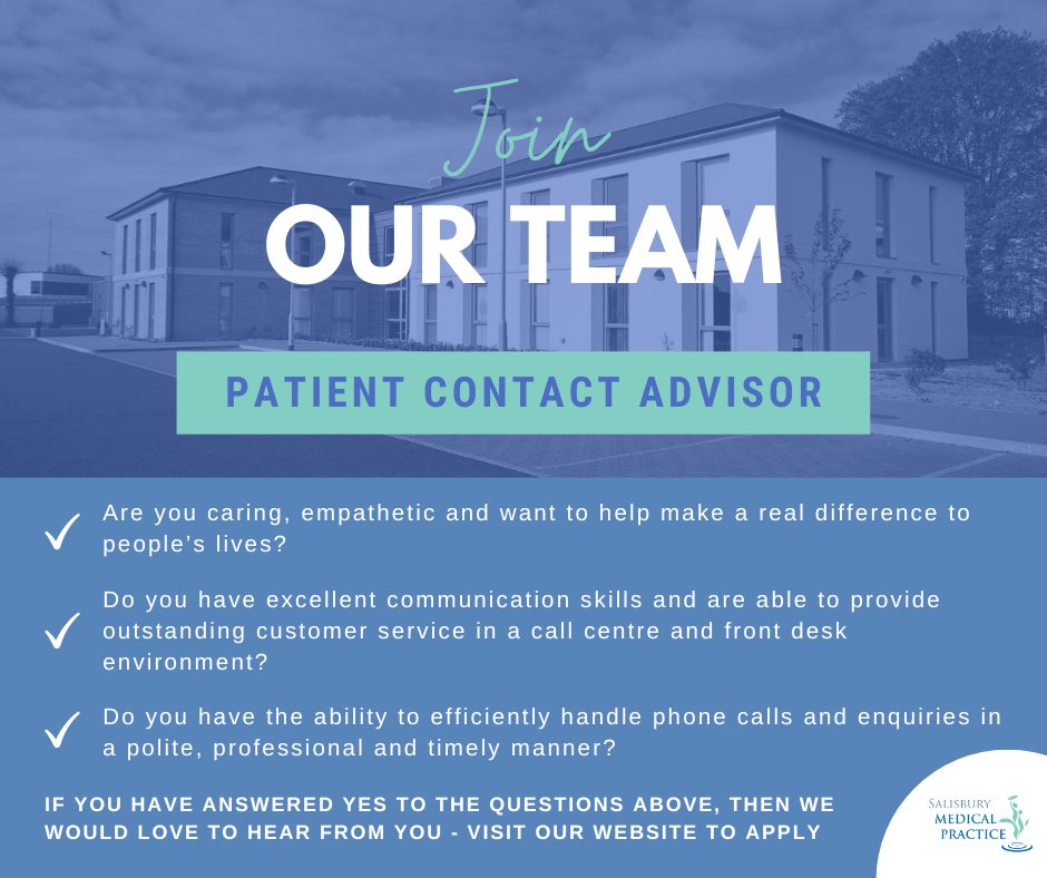 We are looking for committed and enthusiastic individuals to join our well-established Patient Contact Team. Visit our website to view the full job description and to apply: salisburymedicalpractice.co.uk/vacancies