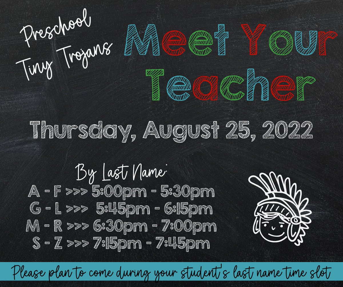 The time is almost here for our preschool #TinyTrojans to Meet Your Teacher! Please plan to come during your student's last name time slot. You can visit the classroom, drop off health records, pick up car rider tags, meet the school nurse, and more! #HCSBetterTogether
