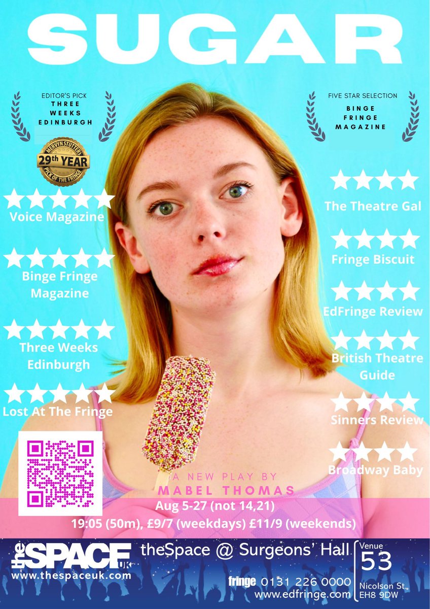 Hi <a href="/joycemcm/">joycemcmillan</a> hope you’re having a great fringe! As we enter the final week, I’d LOVE for you to see Sugar.I think you’d really enjoy it! It combines elements of Brown Boys Swim and Happy Meal exuberantly.

One girl.Five ages.Many morally ambiguous choices. Funny until it’s not.