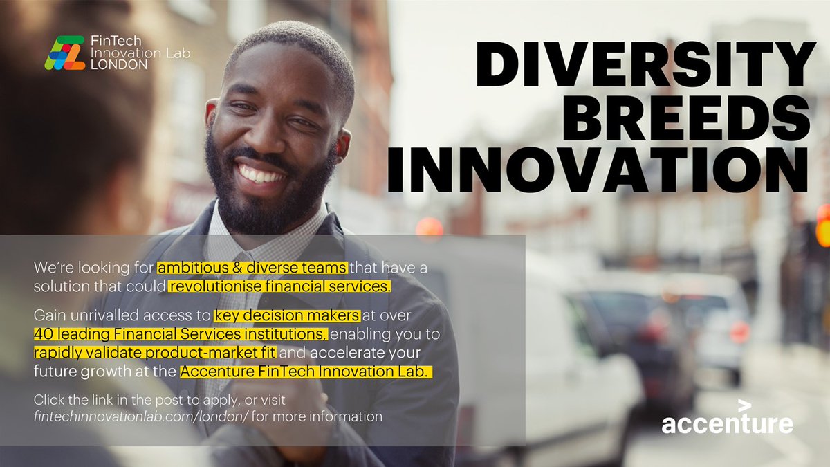 FinTechLabLDN's tweet image. 📣 Applications for FIL 2023 are now open! 📣
🤝 Are you in an ambitious and diverse team?
🔗The FinTech Innovation Lab can get you access to the largest FIs in the UK. Apply now: lnkd.in/eduvRRs4
#FinTech #FIL2023 #acceleratorprogram #accelerator #Accenture