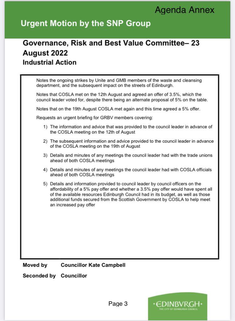 EdinburghSNP's tweet image. SNP motion at Council scrutiny committee has passed. This seeks information on what advice the Labour Council Leader had before voting against a 5% pay increase for staff, instead offering a 3.5% pay uplift (which led to strike action). 👇
