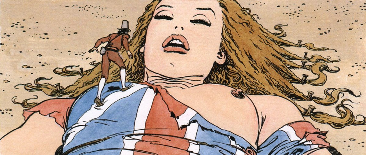 GiantessHorror's tweet image. The vessel she was on sank, and she barely made it ashore before fainting, too tired to move a finger. When she woke up she felt some thing crawl over her. "Crabs?" she thought as the tiny man stood on her breast.
From the extremely talented #MiloManara #giantess #story #Gulliver