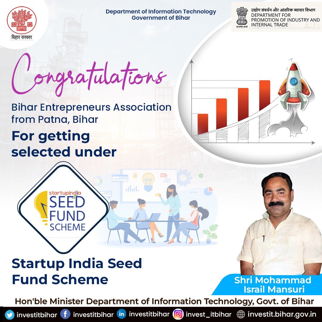 DPIIT looks forward to working with Bihar #Entrepreneurs Association from Patna, #Bihar on the Startup India Seed Fund Scheme for financial assistance to early-stage startups. @biharbeanitn