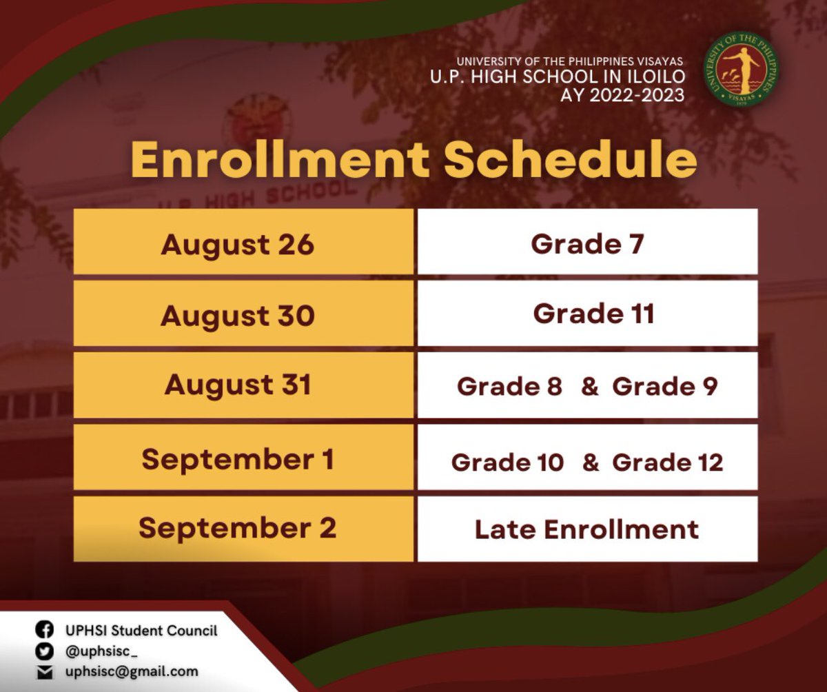 uphsisc_'s tweet photo. Hello, Yupihay! 

Finally, the schedule for enrollment is now up. With that, we ask you to kindly remember your respective time slots.

We hope to see you on your scheduled enrollment day! https://t.co/GHnIiM9aEG