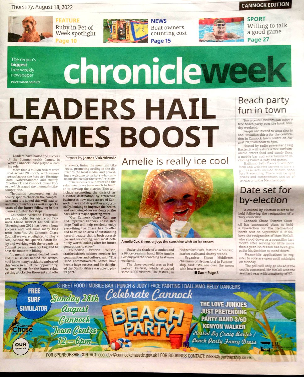 CannockWalkinSt's tweet photo. Have you seen us in The Chronicle ?  
Beach Party Bank Holiday Sunday Cannock Town Centre #BeachParty #celebratecannock #visitcannock #wdyt #Cannock #Staffs #enjoystaffs   #lovecannock #towncentre #community #OurCannock #livemusic #food #bar #mobilebar  #streetfood https://t.co/TKcloBHEp1