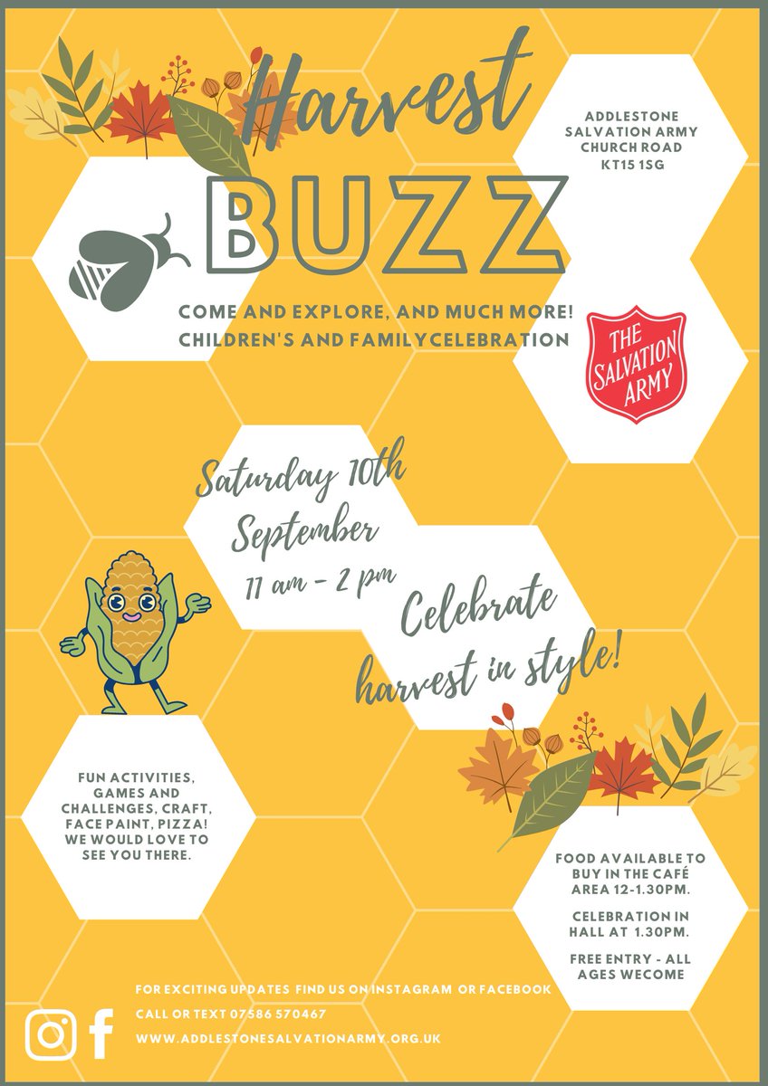AddlestoneSA's tweet photo. SAVE THE DATE! 

We cannot wait to see you all at our Harvest BUZZ event! Join us for a free family fun day at Addlestone Salvation Army. 

We cannot wait to celebrate all that God has given us with you at this Harvest celebration! https://t.co/ksmf6Vud9D