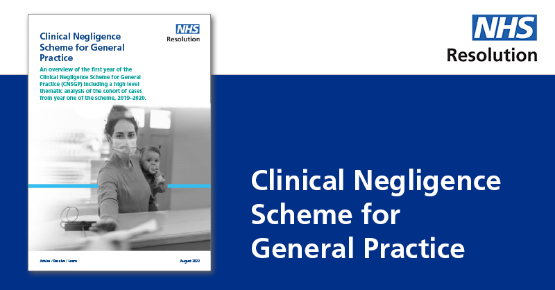 NHSResolution's tweet photo. A report reviewing the Clinical Negligence Scheme for General Practice (CNSGP), including a high level thematic analysis of cases from year one (2019–2020), has launched today. 

Read the report:
https://t.co/4D19XPGsox https://t.co/7yurITt2uz