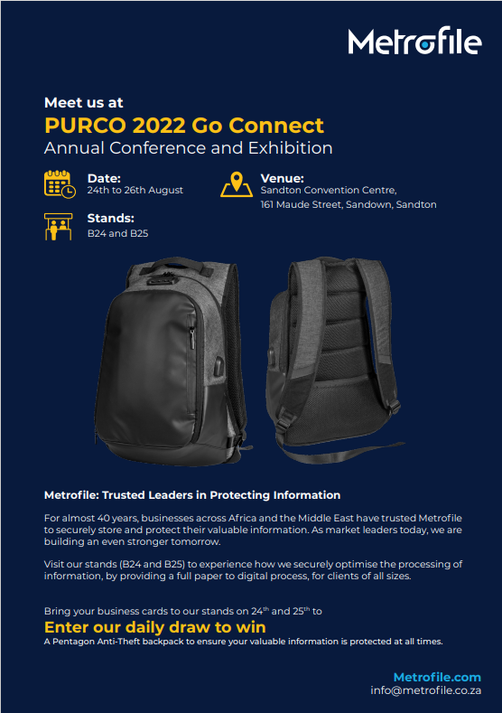 PURCOSA's tweet photo. CHECK THIS OUT! 
Exciting news, Metrofile will be one of our Event Partners exhibiting at our #PURCOSAConference #GoConnect2022 on 24-26 August 2022 at the Sandton Convention Centre. 

They will be at stand B24 and B25 https://t.co/Xg7HPtWV8k