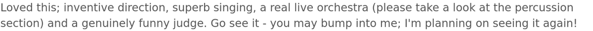 CUGSS's tweet image. Trial by Jury may have only just opened, but we've already received some fantastic audience feedback...including a newly converted Gilbert and Sullivan fan!
Come and see @theSpaceUK Triplex 1:45pm
Get your tickets here: tickets.edfringe.com/whats-on/trial… #GilbertandSullivan #EdinburghFringe