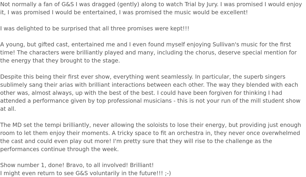 CUGSS's tweet image. Trial by Jury may have only just opened, but we've already received some fantastic audience feedback...including a newly converted Gilbert and Sullivan fan!
Come and see @theSpaceUK Triplex 1:45pm
Get your tickets here: tickets.edfringe.com/whats-on/trial… #GilbertandSullivan #EdinburghFringe