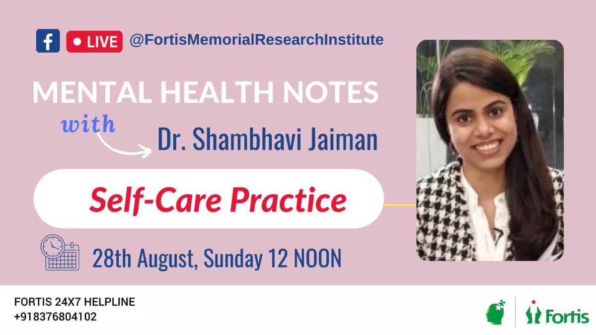fortismentalhealth (@fortis_mhbs) on Twitter photo #mentalhealthnotes with <a href="/Shambhavijaiman/">Dr. Shambhavi Jaiman</a>
Self-Care Practice
#FBLive Sunday 12noon
#mindspace #mentalhealthnotes with <a href="/Shambhavijaiman/">Dr. Shambhavi Jaiman</a>
Self-Care Practice
#FBLive Sunday 12noon
#mindspace