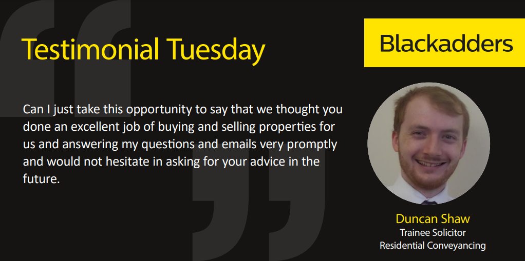 Excellent client feedback for our Trainee Solicitor, Duncan Shaw from our Edinburgh Residential Conveyancing team 👏👏

#TestimonialTuesday #Residential #Conveyancing #Edinburgh <a href="/BlackaddersLLP/">Blackadders LLP</a>