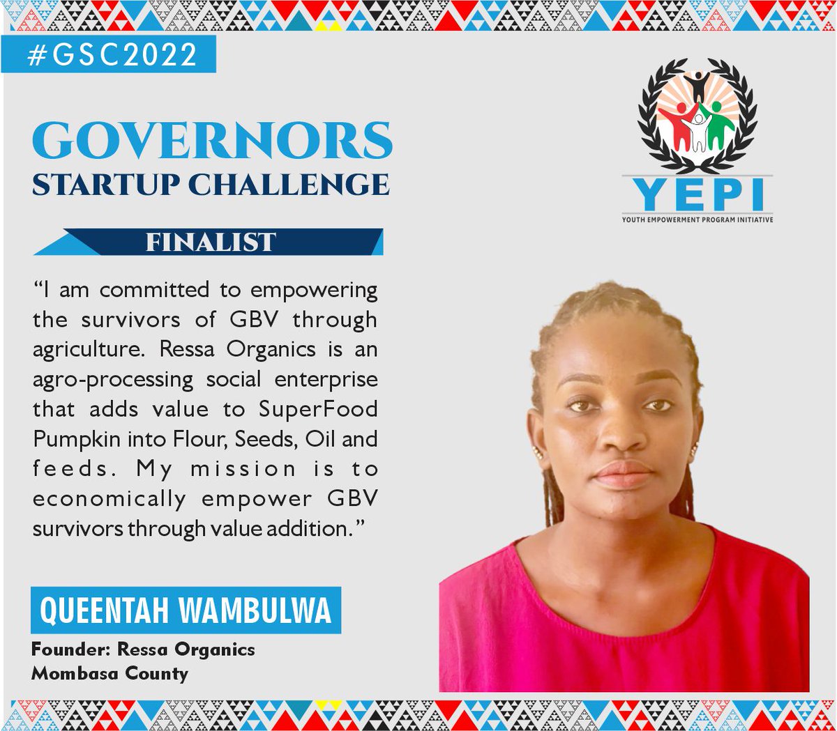 Governors Startup Challenge (@yepi_gsc) on Twitter photo This <a href="/YEPI_GSC/">Governors Startup Challenge</a> Finalist is empowering women survivors of gender based violence through her business, Ressa Organics, an agro processing social enterprise that adds value on Pumpkin into gluten free flour, roasted seeds, seed oil and animal feeds. bit.ly/3pEcLT3. #GSC2022 This <a href="/YEPI_GSC/">Governors Startup Challenge</a> Finalist is empowering women survivors of gender based violence through her business, Ressa Organics, an agro processing social enterprise that adds value on Pumpkin into gluten free flour, roasted seeds, seed oil and animal feeds. bit.ly/3pEcLT3. #GSC2022