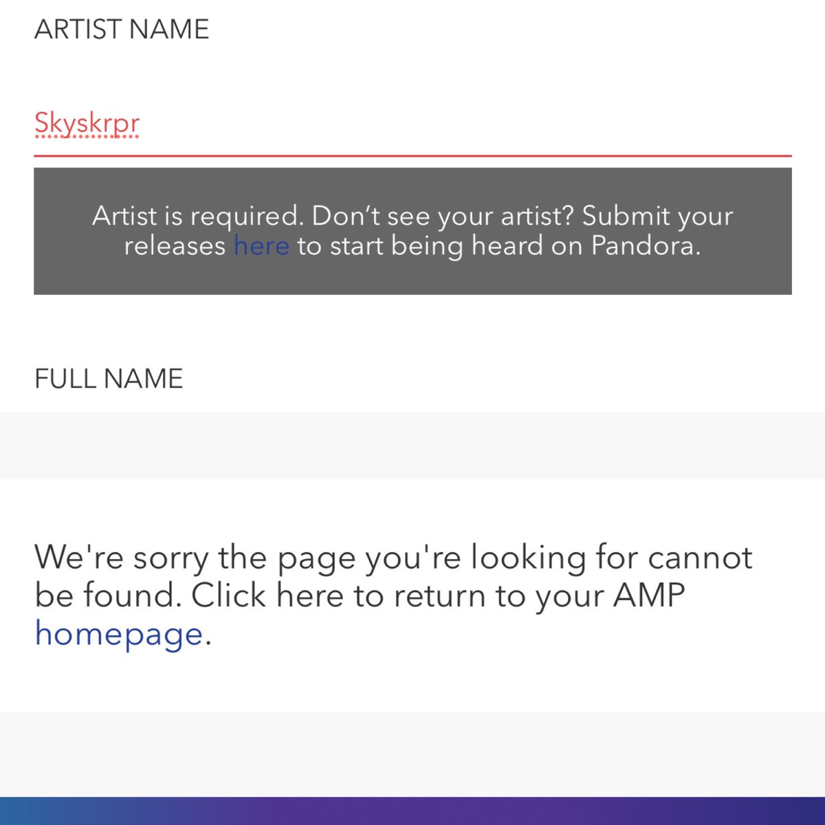 skyskrpr's tweet photo. @pandoraAMP Hey there guys!Everytime I try to claim my artist profile, I get this error message.  I type my name, it doesn’t come up so I then click the link to submit releases and then this error message. Any advice?  Thanks https://t.co/IErb4JbPxY