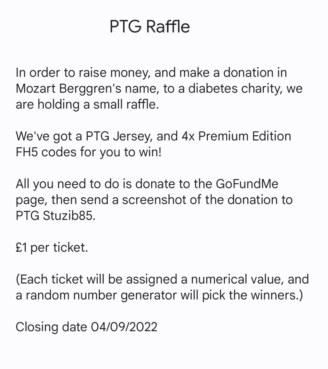 stuzib85's tweet image. As part of @PTGforza tribute to Mozart Berggren, the team is holding a raffle to donate to the Swedish Diabetes Foundation.

You can win a PTG Jersey, &amp;amp; there&apos;s 4x Premium Edition FH5 codes!

All the info is included below.
Here&apos;s the link:
gofundme.com/f/43tcw-in-mem…

Please RT