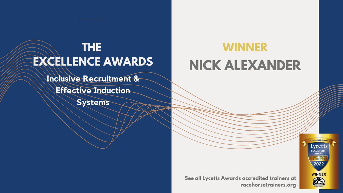 Kicking off the Excellence Awards results, #LycettsLeadershipAward winner, Nick Alexander wins the Excellence Award for Inclusive Recruitment &amp; Effective Induction Systems!

Well done everyone at <a href="/kinneston/">Nick Alexander</a> 👏

The Excellence Awards are spons by Cavalor 👉
facebook.com/cavalor.race