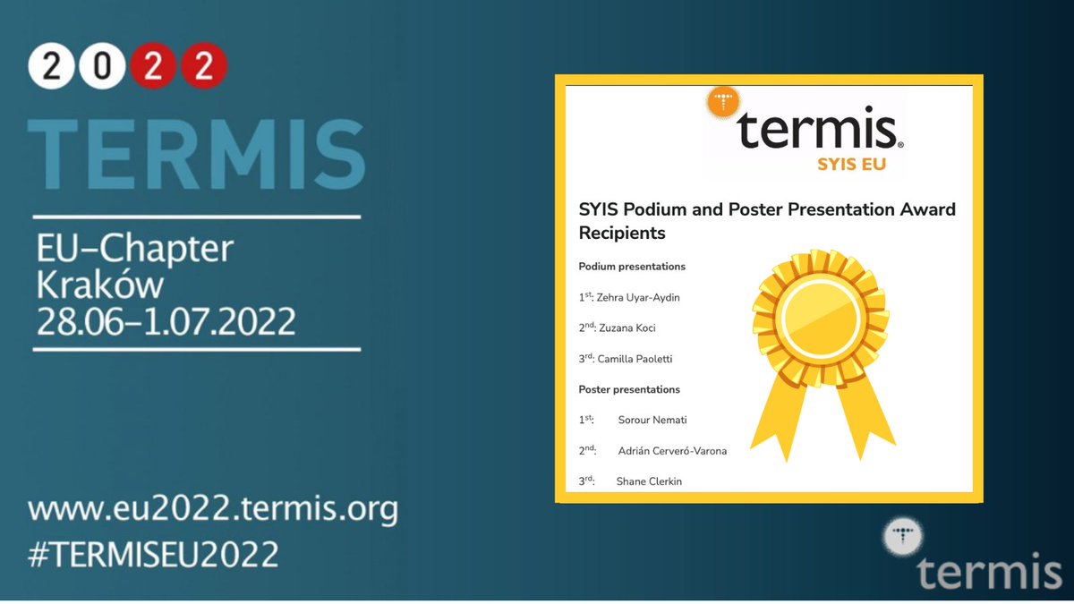 TERMIS-EU 2022 Krakow (@termiseu2022) on Twitter photo Hey there! For those who missed the Closing Cerimony of #TermisEU2022, here a recap of the <a href="/SyisEu/">TERMIS SYIS EU</a> awards 🏆 for the best podium 🗣️ and poster 📜 presentations. Many congrats again! Hey there! For those who missed the Closing Cerimony of #TermisEU2022, here a recap of the <a href="/SyisEu/">TERMIS SYIS EU</a> awards 🏆 for the best podium 🗣️ and poster 📜 presentations. Many congrats again!