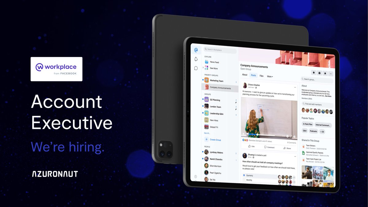 Hiring Account Executives 🚀🚀🚀

We are looking for Account Executives to join Azuronaut and work directly with Workplace from Meta, giving companies the tools they need to unlock the best in their people. 

hubs.ly/Q01krt_n0