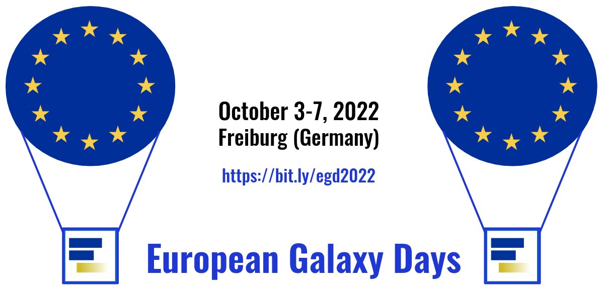 #EGD2022 | European Galaxy Days 2022, 3-7 October in Freiburg, Germany
✨galaxyproject.org/events/2022-10…

3 co-located events:
🔹ELIXIR Galaxy ImplementationStudy meeting
🔹European Galaxy Days: talks, discussions, updates, ELIXIR-Galaxy comm meeting, CoFest
🔹EuroScienceGateway kick-off