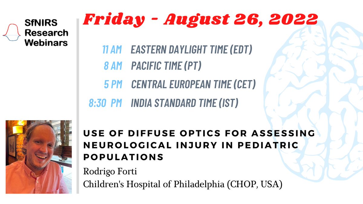 SfNIRS's tweet photo. Hi #fNIRS community - we have another exciting #ResearchWebinar this ‼️Friday 26 August‼️ Rodrigo Forti will talk about using #diffuseoptics for assessing neurological injury in pediatric populations ➡️link: https://t.co/cChRbsh9RT 
Hope to see lots of you there! 🙌 https://t.co/zQG6hyiQVa