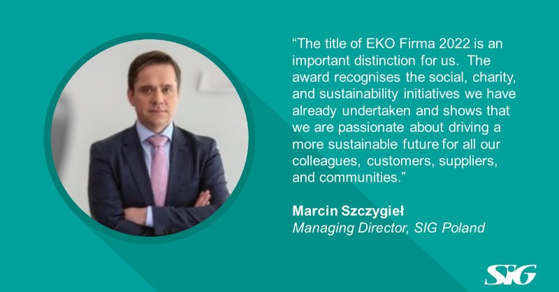 SIGplc's tweet photo. This year, SIG Poland received the Corporate Social Responsibility Leader Green award 2022 (EKO Firma) at Forum Biznesu. Hear from Managing Director Marcin Szczygieł on what this recent achievement means for @pl_sig. #SustainabilityAtSIG