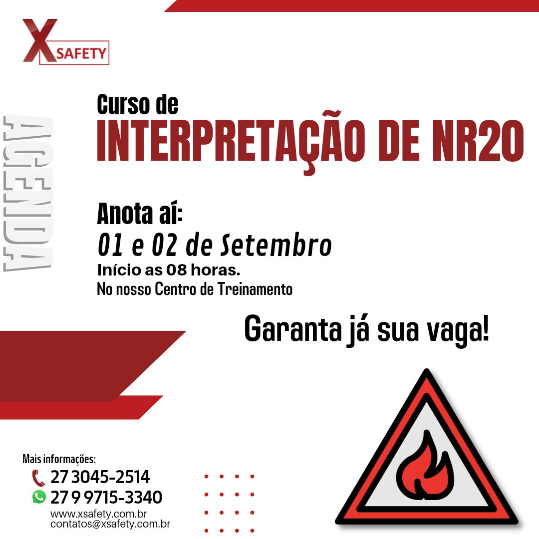 x_safety's tweet photo. Para você, profissional da área de segurança no trabalho, temos vagas para a turma do curso de interpretação de NR 20 para os dias 01 e 02 de Setembro, começando às 08 horas em nosso centro de treinamento. Entra em contato para sua inscrição e mais informações. 

#xsafety #nr20 https://t.co/C47PKBPjaT
