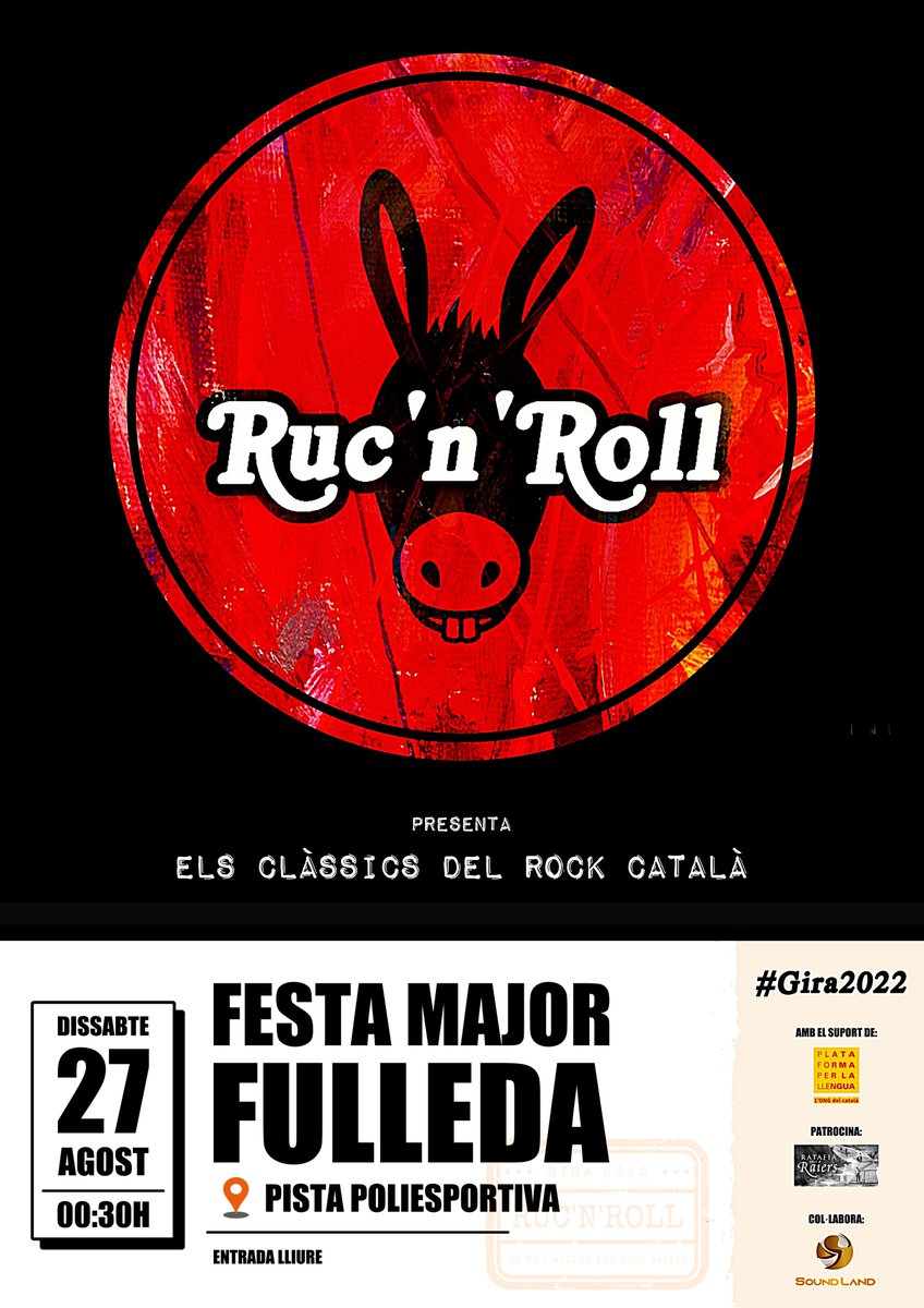 ruc_n_roll's tweet photo. 📣📣 DISSABTE‼️

🗓 27 d'agost
⏰ 00:30h
📍 #Fulleda

👉 ENTRADA LLIURE

.
.
.

~ RUC'N'ROLL | #Gira2022 ~
El bo i millor del #RockCatalà!!

#LLENGUA
#CULTURA
#LLIBERTAT

#RUC | #ASE | #BURRO https://t.co/gYJd6DxzKy