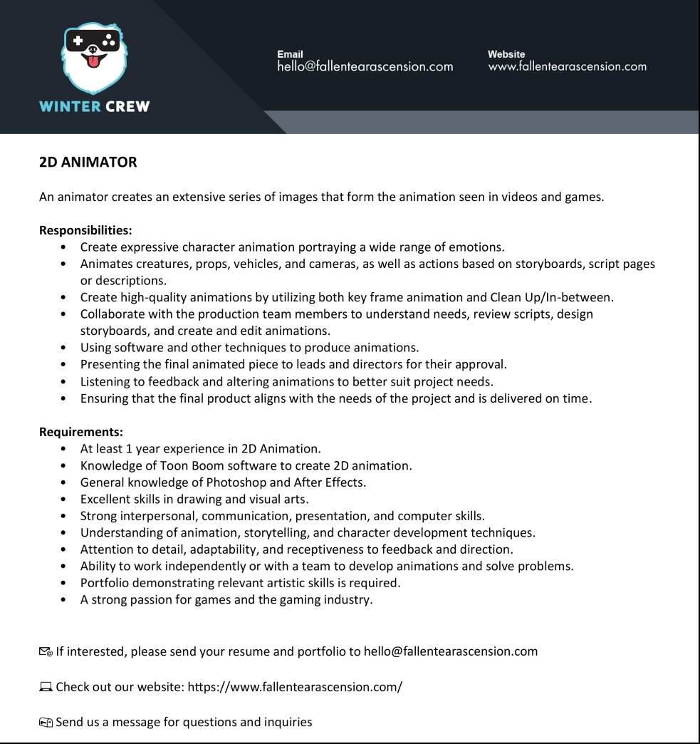 FallenTearGame's tweet photo. Hello Twitter 👋
We are scouting far and wide for 2D animators who would like to join our team! 

💌 More details can be discussed via email 
🐦 RTs are very much appreciated ☺️

#animation https://t.co/ynwziKgq21