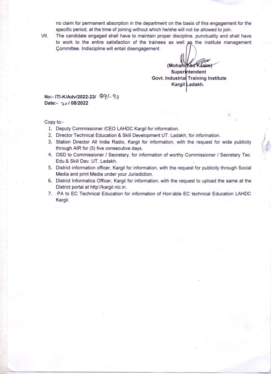 DIPR_Kargil's tweet photo. Applications are invited from the eligible candidate for temporary engagement as Guest faculty for various trades at Govt. ITI Kargil. 

@lg_ladakh @LadakhSecretary @santoshsukhdeve https://t.co/Mevx7pMSfD