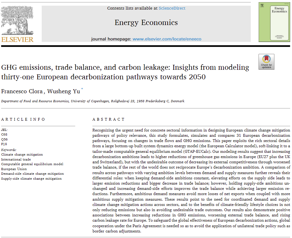 Francesco Clora (@f_clora) on Twitter photo Our new paper on relationships between #Decarbonization, #Trade, and #CarbonLeakage published in #EnergyEconomics. Thanks to Wusheng Yu (<a href="/KU_IFRO/">IFRO - Department of Food and Resource Economics</a>), co-author and PhD supervisor, and to all the <a href="/EU_Calculator/">European Calculator</a> colleagues.
OA: sciencedirect.com/science/articl…
Abstract👇 Our new paper on relationships between #Decarbonization, #Trade, and #CarbonLeakage published in #EnergyEconomics. Thanks to Wusheng Yu (<a href="/KU_IFRO/">IFRO - Department of Food and Resource Economics</a>), co-author and PhD supervisor, and to all the <a href="/EU_Calculator/">European Calculator</a> colleagues.
OA: sciencedirect.com/science/articl…
Abstract👇