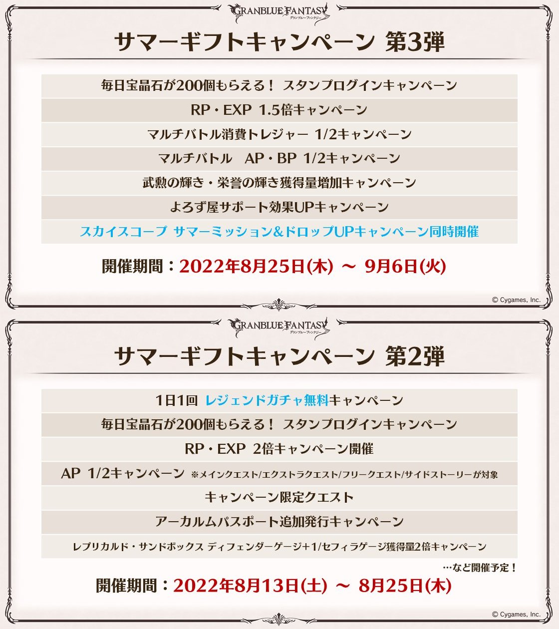 グラブル攻略 Gamewith 夏キャンペーン情報 サマーギフトcp第2弾は8 25 木 まで 8 25 木 サマーギフトcp第3弾 マルチ系中心 サマーミッション 報酬は玉髄 Ssrチケなど ドロップアップcp 砂箱周回等やり残しがある方は期限にご注意 グラブル攻略 Gamewith 夏キャンペーン情報 サマーギフトcp第2弾は8 25 木 まで 8 25 木 サマーギフトcp第3弾 マルチ系中心 サマーミッション 報酬は玉髄 Ssrチケなど ドロップアップcp 砂箱周回等やり残しがある方は期限にご注意