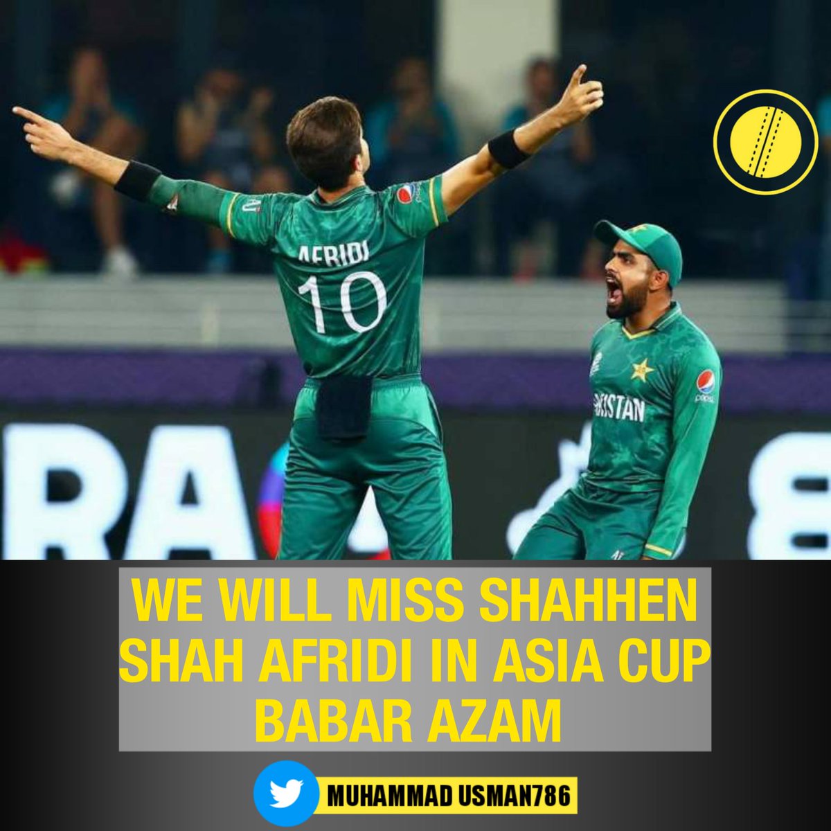 CricPlyzUsmanPK's tweet photo. Babar Azam said we will miss Shaheen Afridi in #AsiaCup2022 but it is an opportunity for the new bowlers so they must grab it.
#Cricket | #Pakistan | #BabarAzam | #ShaheenAfridi | #BackTheBoysInGreen #MuhammadUsman786 https://t.co/SAwPJiH80M