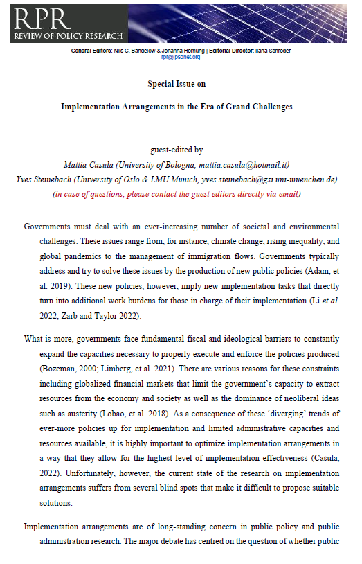 MattiaCasula1's tweet photo. Call for Paper for a Special Issue on "Implementation Arrangements in the Era of Grand Challenges"! 
Excited to announce this upcoming SI that will be guest-edited by Yves Steinebach and me on "Review of Policy Research". 
@RPR_Journal @regstud @_IPPA_ @ECPR @sisp__ @SG_SRPL https://t.co/QuZVBqa0b6