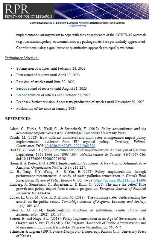 MattiaCasula1's tweet photo. Call for Paper for a Special Issue on "Implementation Arrangements in the Era of Grand Challenges"! 
Excited to announce this upcoming SI that will be guest-edited by Yves Steinebach and me on "Review of Policy Research". 
@RPR_Journal @regstud @_IPPA_ @ECPR @sisp__ @SG_SRPL https://t.co/QuZVBqa0b6