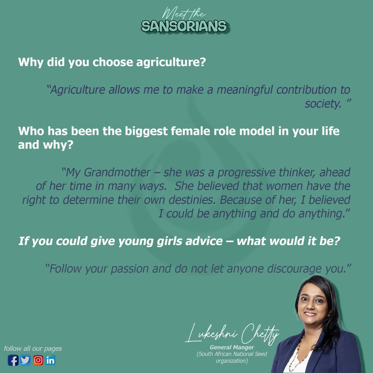 SeedSANSOR's tweet image. Today on MEET THE SANSORians
You get to meet Lukeshni Chetty General Manager of #SANSOR

👇👇View post to read more👇👇

#women #9thAug #womanday #womeninpower #womensday #womeninpower #meetthesansorian #WomensMonth