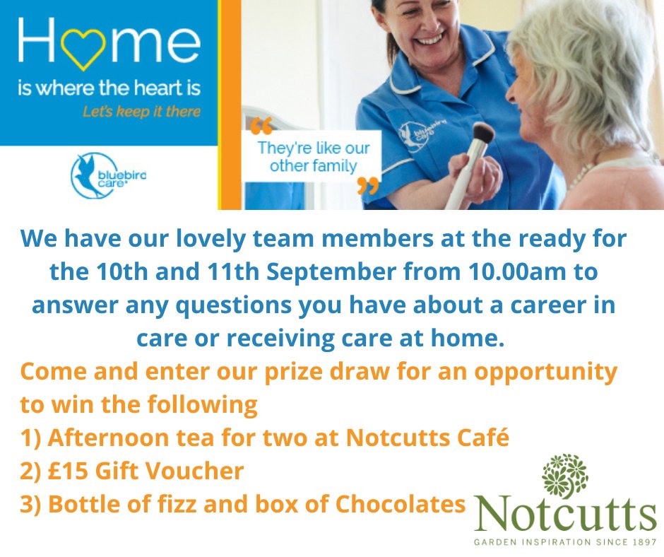 BluebirdNorwich's tweet photo. Come and see our lovely team members on 10/11th September from 10am.. we also have some fantastic prizes to be won!
#bluebirdcare #notcutts #openday #morethancare #homecare #community https://t.co/a26HqqE7bN